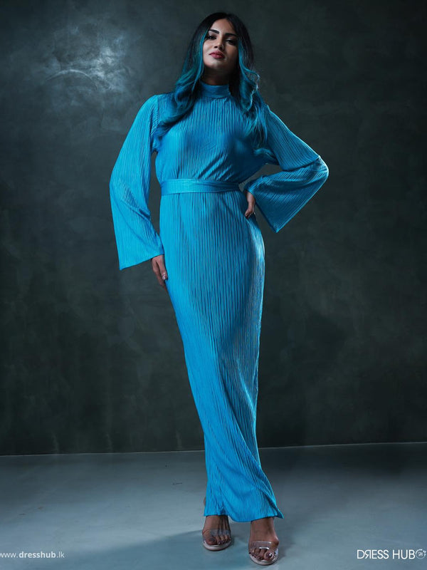 High Neck Bell Sleeve Solid Maxi Dress