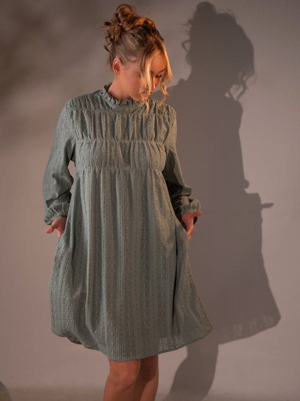 High-Neck Smocked Long-Sleeve Textured Frock