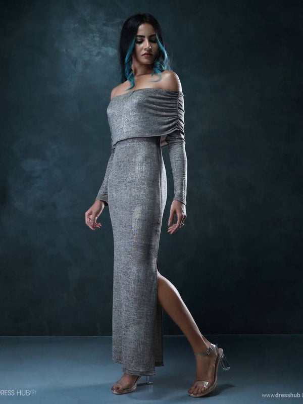 Off Shoulder Asymmetrical Split Thigh Draped Maxi Dress