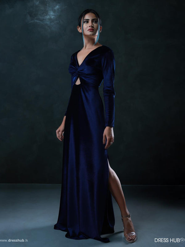 Center Cross Knot Cutout Detailed Blue Maxi Dress