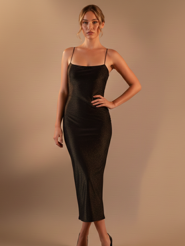 Black and gold sparkle bodycon spaghetti strap back slit maxi dress