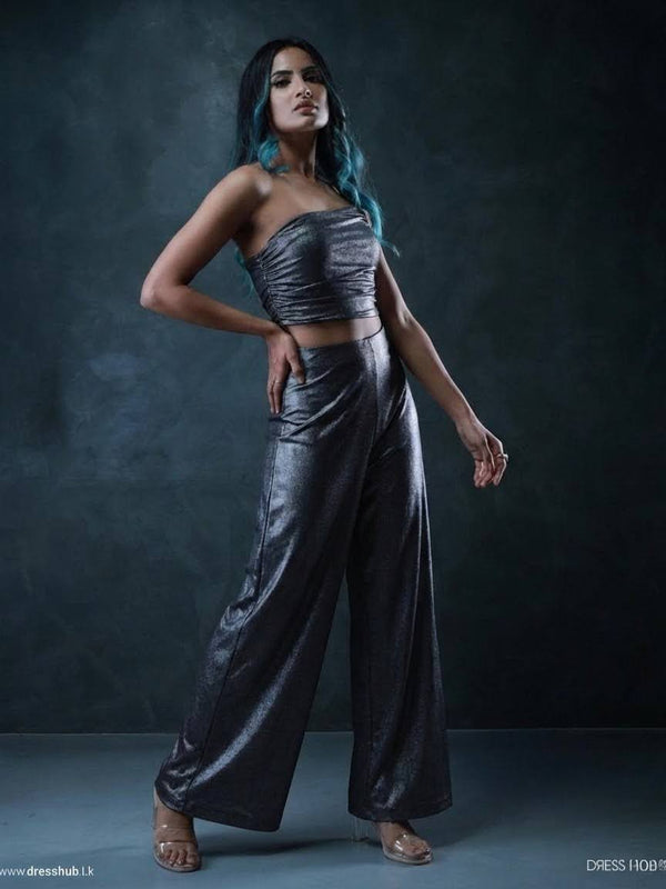 Grey Luxe Draped Wide Leg Co Ord Set