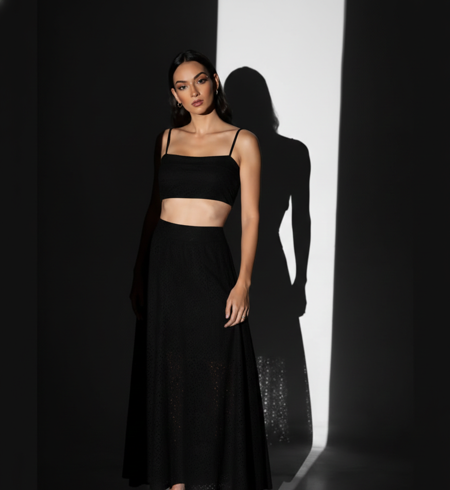 Eyelet Cotton Two-Piece Maxi Skirt and Crop Top Set