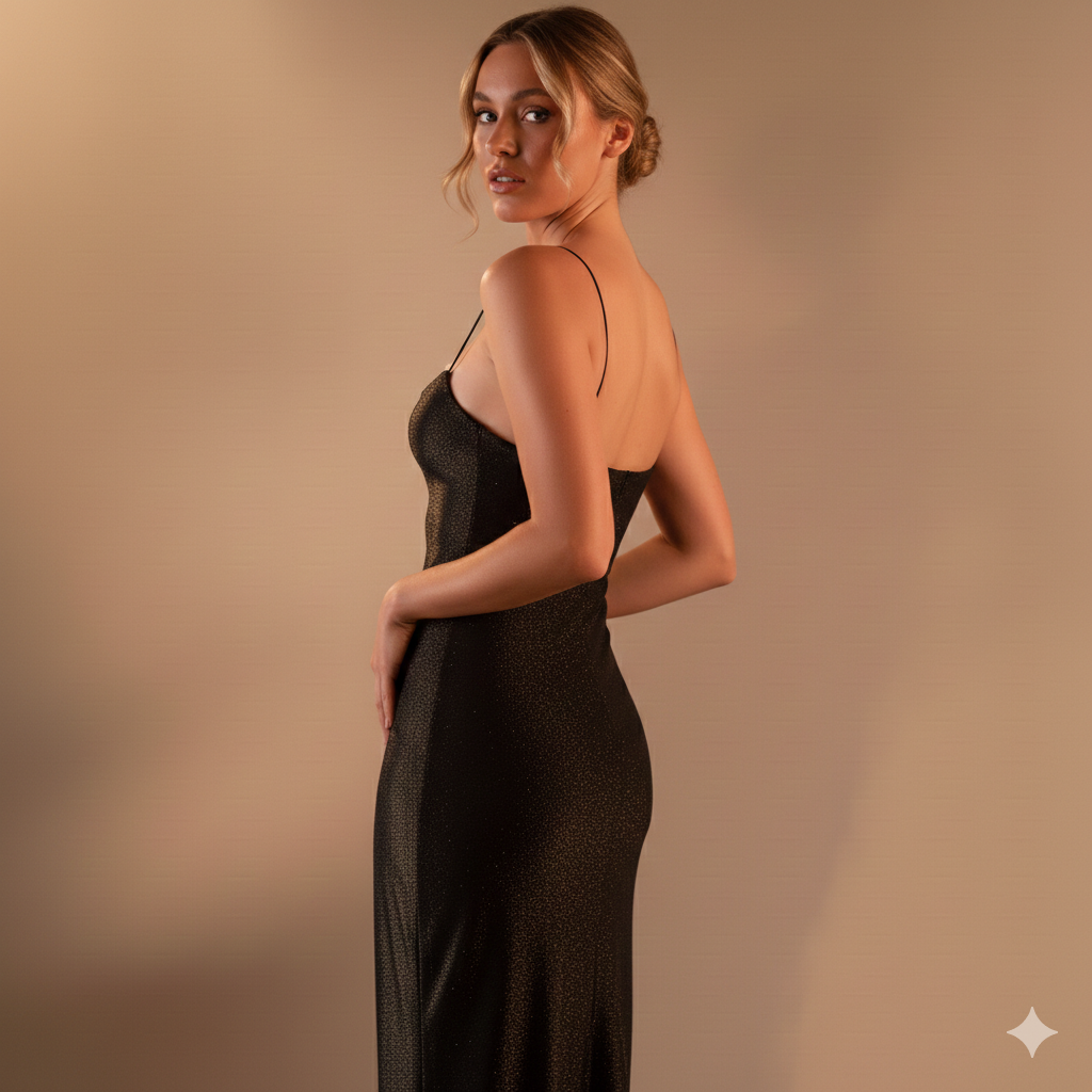 Black and gold sparkle bodycon spaghetti strap back slit maxi dress