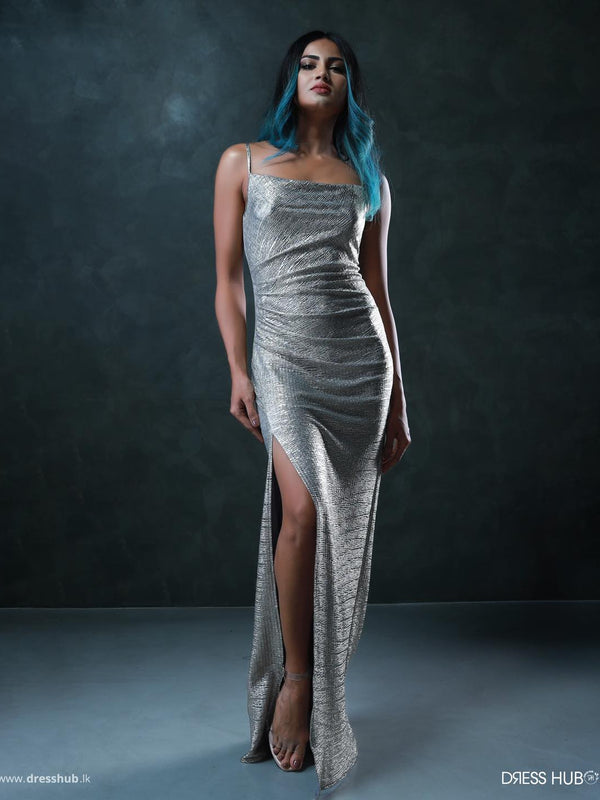 Gray Pleated Thigh Slit Maxi Dress