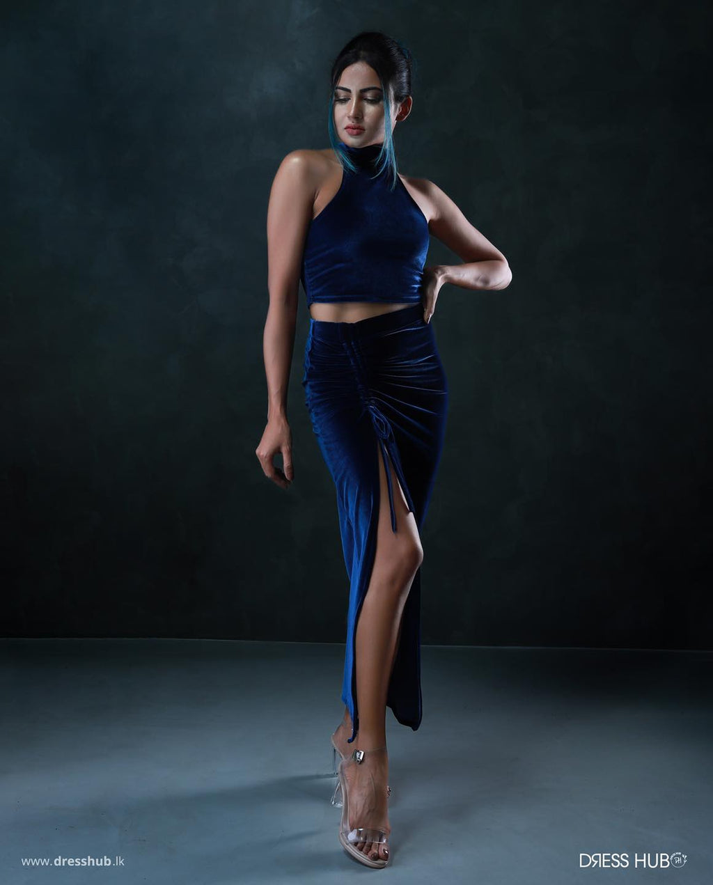 Halter Crop Drawstring Split Thigh Skirt