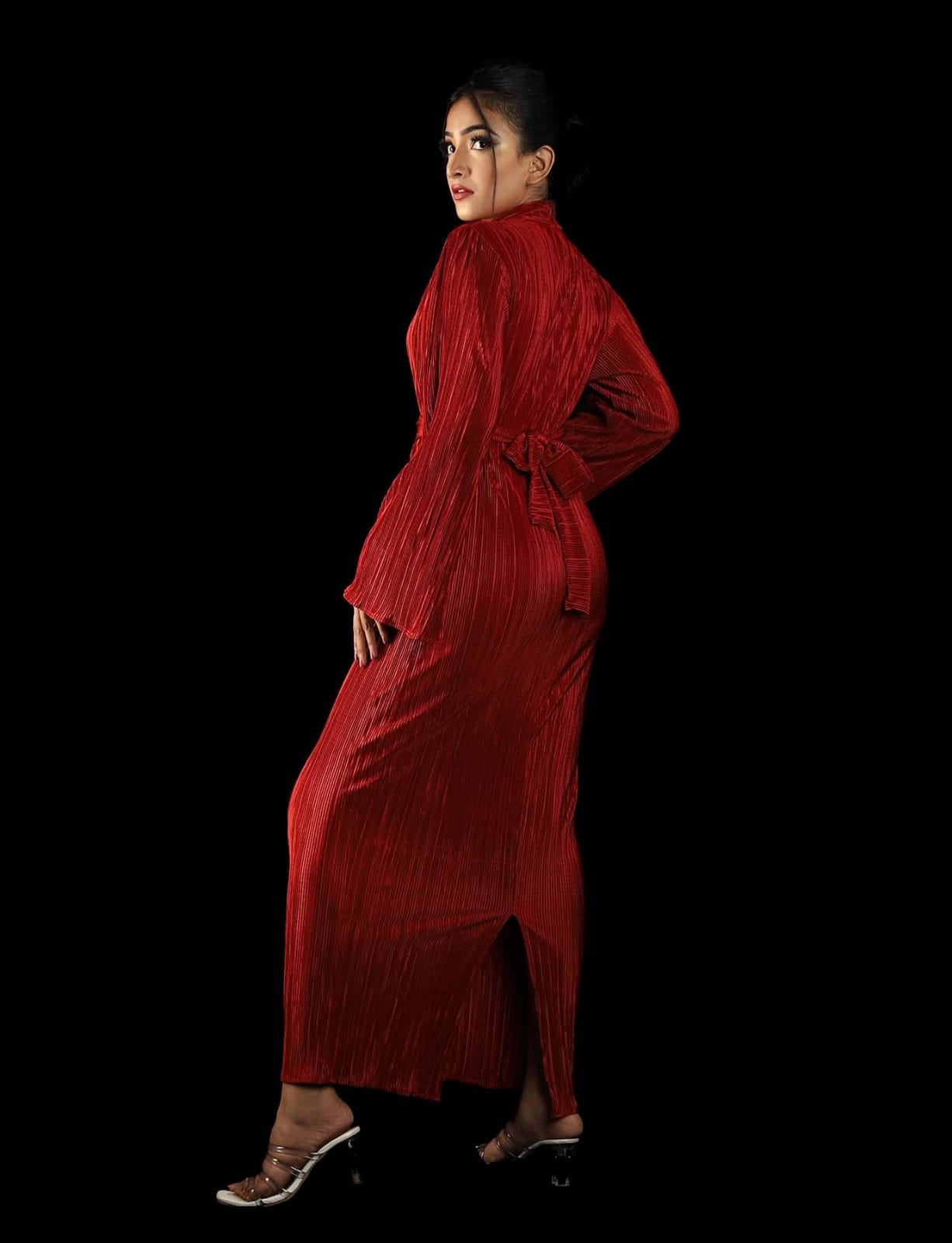 High Neck Bell Sleeve Solid Maxi Dress