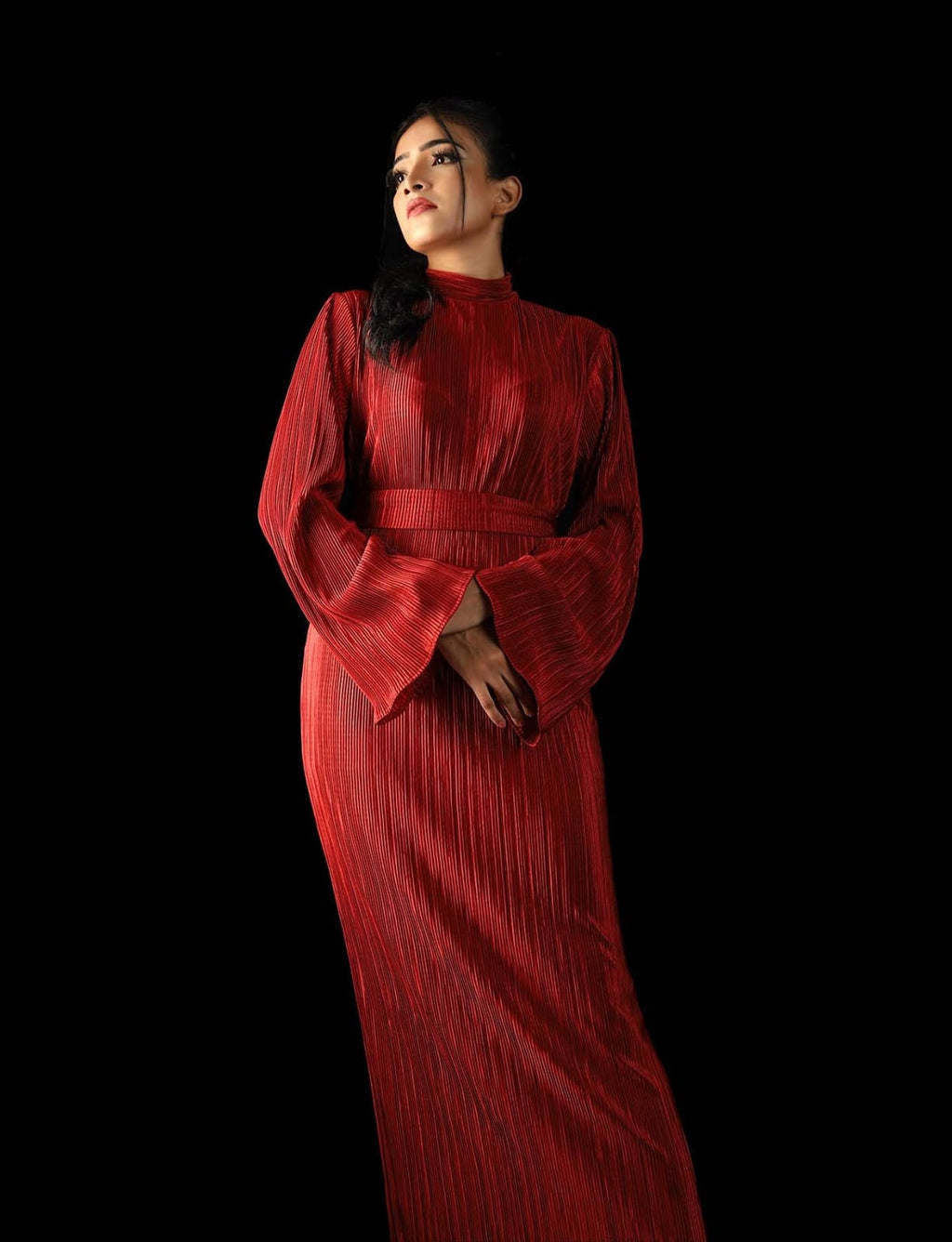 High Neck Bell Sleeve Solid Maxi Dress