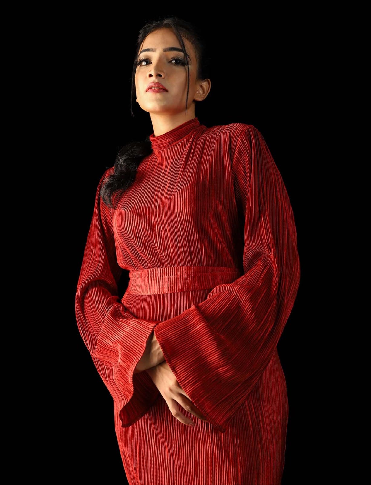 High Neck Bell Sleeve Solid Maxi Dress