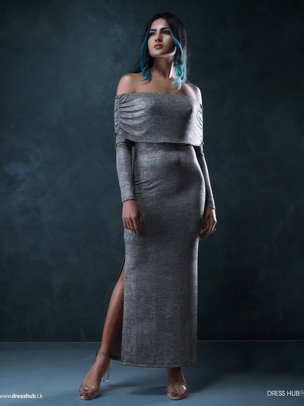 Off Shoulder Asymmetrical Split Thigh Draped Maxi Dress