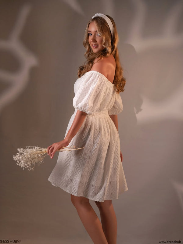 Off-Shoulder Textured Puff-Sleeve Mini Frock