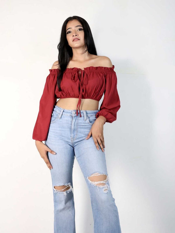 Trazo Maroon Off-Shoulder Top