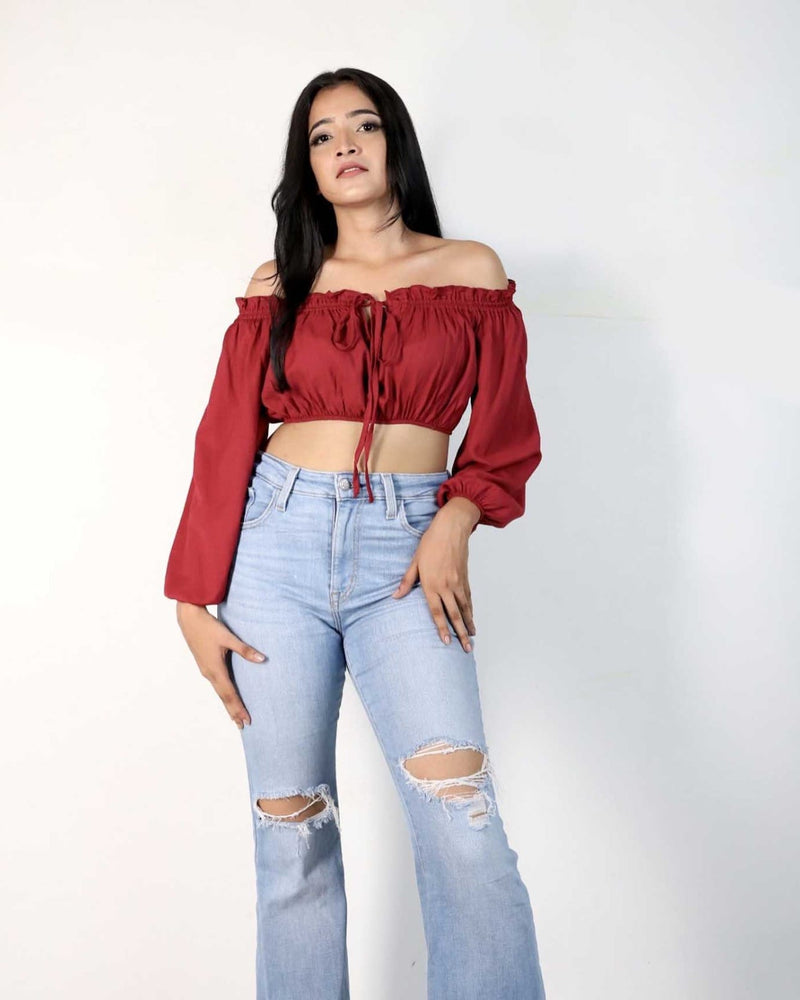 Trazo Maroon Off-Shoulder Top