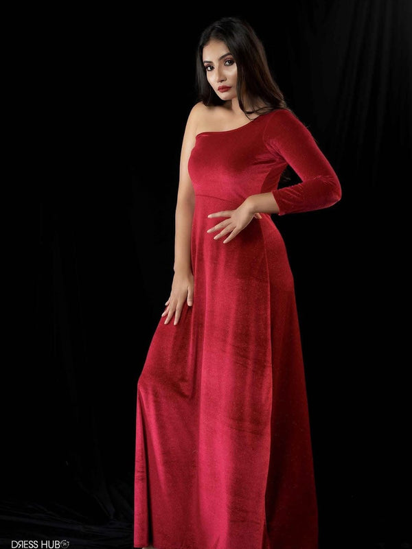 One-Shoulder Red Velvet Maxi Dress