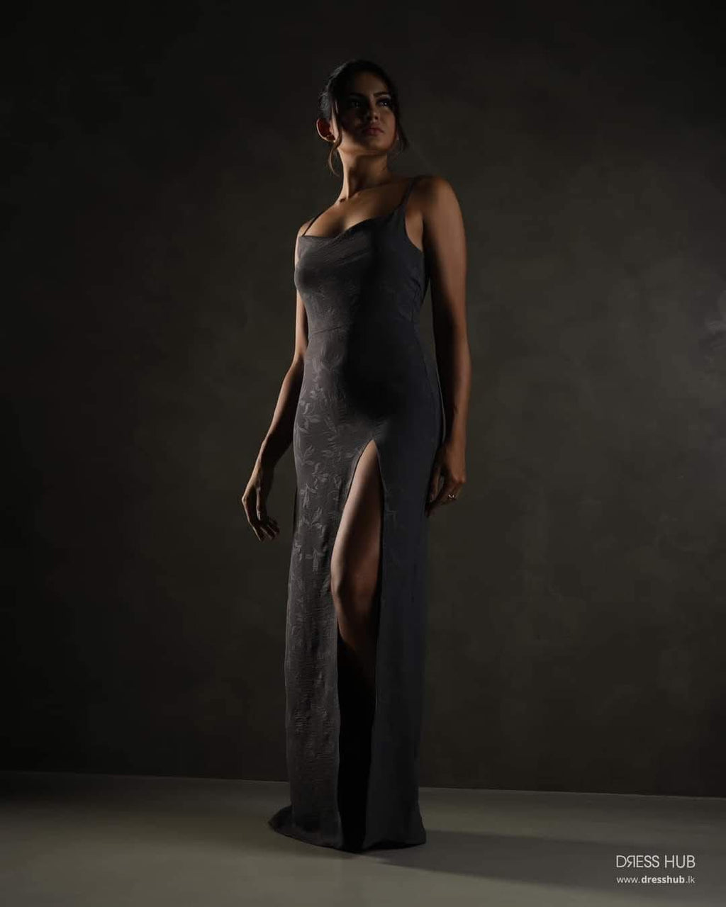 Midnight Charcoal Lace-Up Back Maxi Dress with Thigh-High Slit